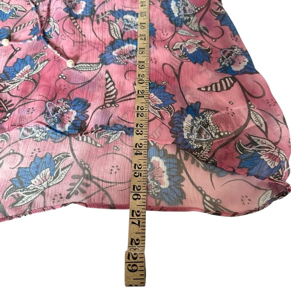 CLEOBELLA EMILY LOTUS PRINTED CHIFFON TIE NECK PINK BLOUSE SIZE MEDIUM - Picture 12 of 14
